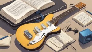 Yellow electric guitar, sheet music, headphones, and a blue cube on a table
