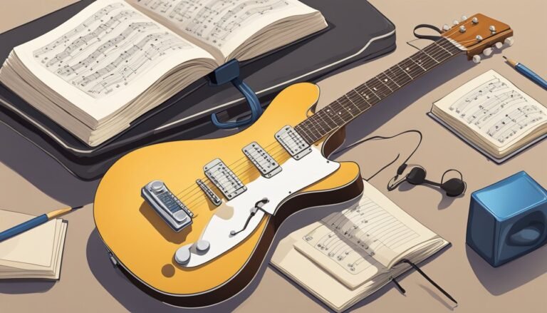 Yellow electric guitar, sheet music, headphones, and a blue cube on a table