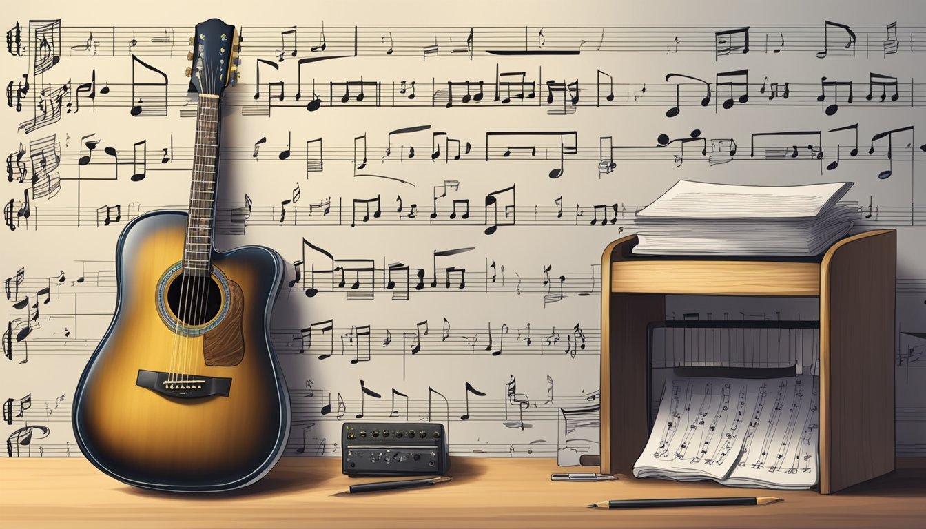 Acoustic guitar, sheet music, and music stand on a wooden surface