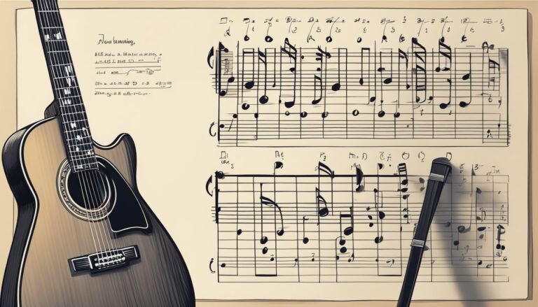 Acoustic guitar and sheet music with notes and a pen