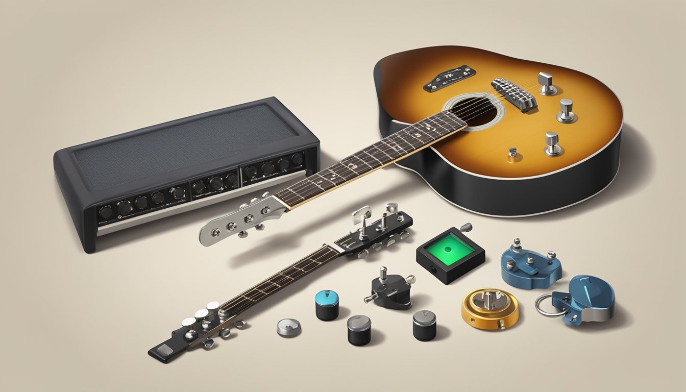 Acoustic guitar, amplifier, and various music equipment components on a surface