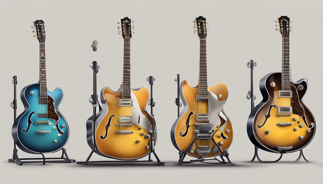 Four electric guitars on stands, each with a unique color scheme