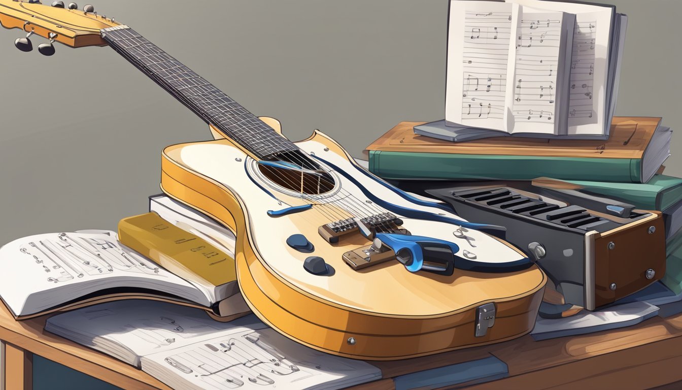 Acoustic guitar, sheet music, and a keyboard on a wooden table