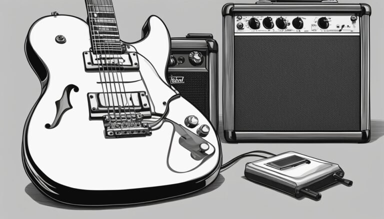 White electric guitar, amplifiers, and a pedal in a grayscale illustration