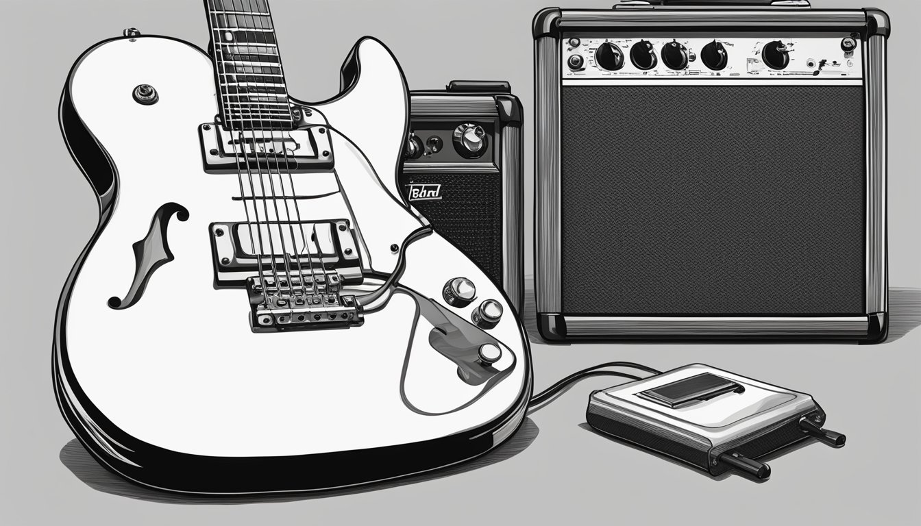 White electric guitar, amplifiers, and a pedal in a grayscale illustration
