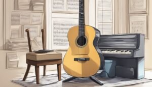 Acoustic guitar, piano, and chair in a room with sheet music
