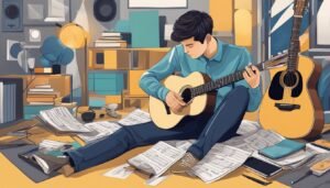 Man playing acoustic guitar, surrounded by sheet music and another guitar