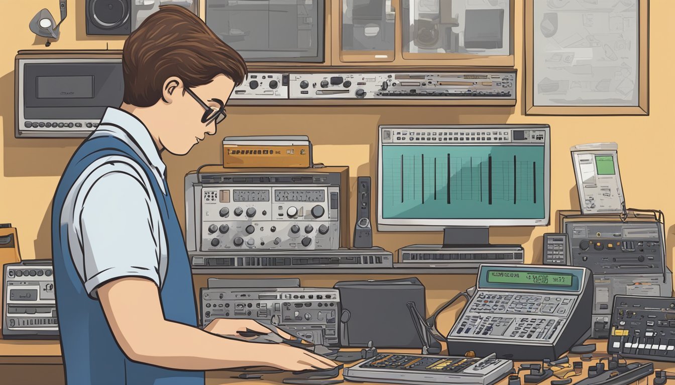A stack of used musical equipment sits on a counter, with an employee holding a calculator and inspecting the items