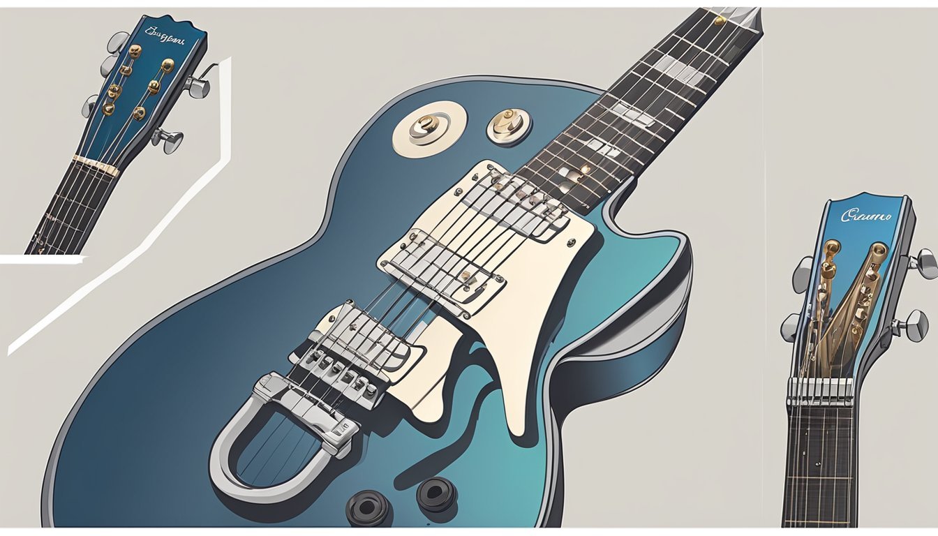 Illustration of a blue electric guitar with three different headstock views