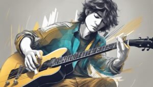 Illustration of a young man playing a yellow electric guitar