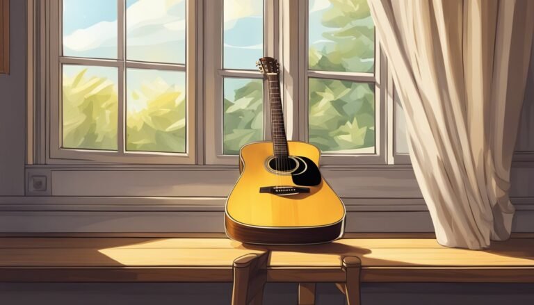 Acoustic guitar stands on a wooden table in front of a window