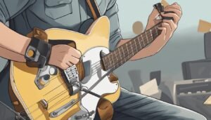 Person playing a yellow electric guitar, close-up illustration