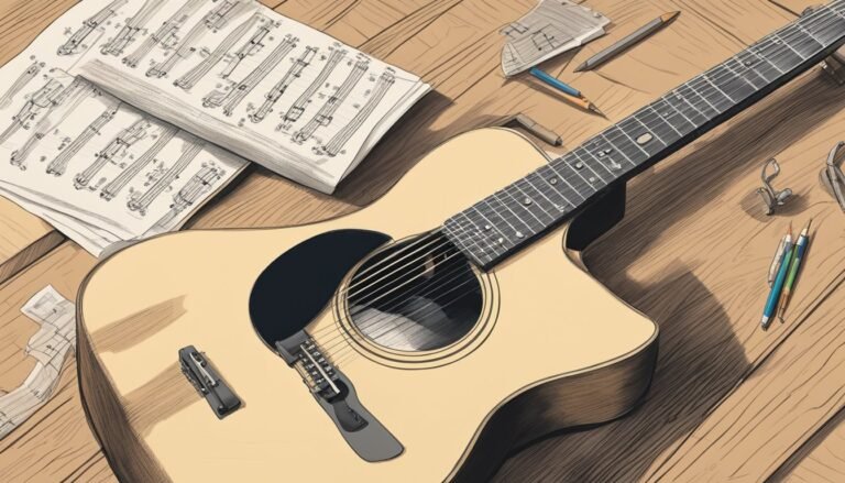 Acoustic guitar, sheet music, pencils, and other items on a wooden table