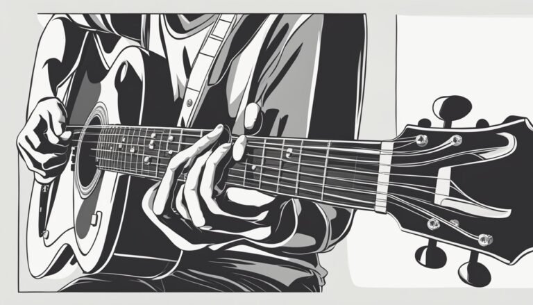 Black and white illustration of a person playing an acoustic guitar