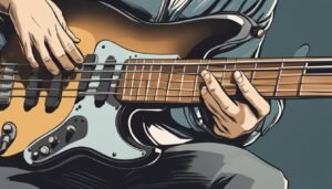Illustration of a person playing a bass guitar, close-up view