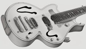 Close-up of a silver electric guitar with f-holes and strings