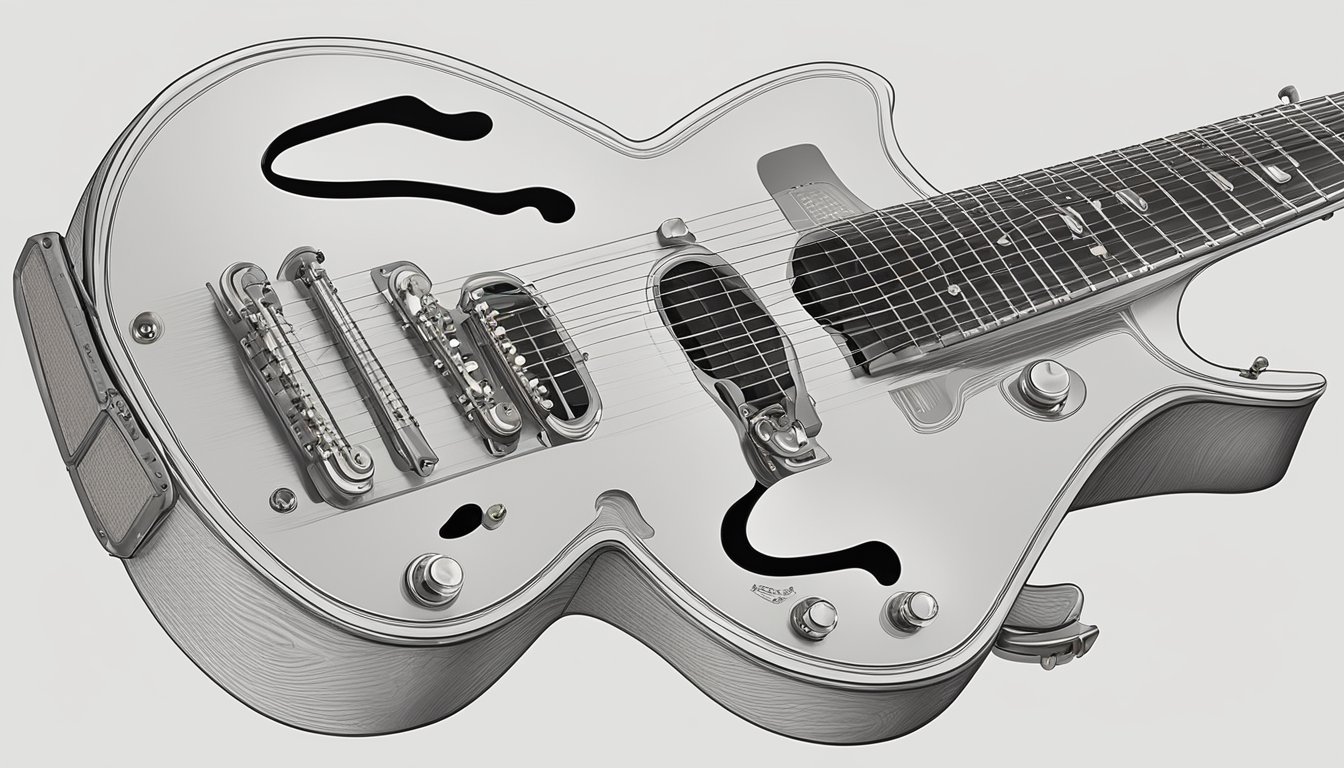 Close-up of a silver electric guitar with f-holes and strings