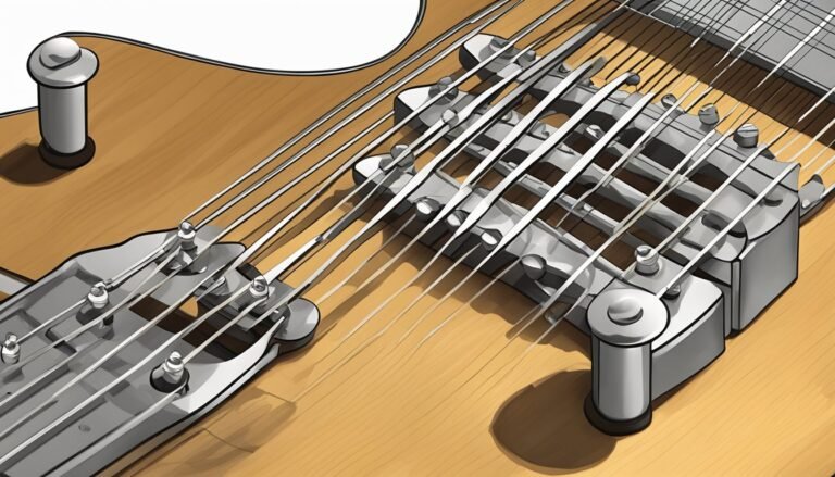 Close-up of a 12-string guitar bridge and tuning pegs, wood grain visible