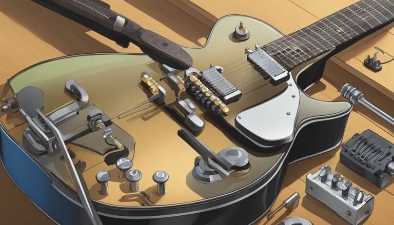 Electric guitar with parts scattered on a wooden surface