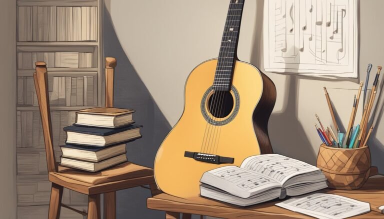 Acoustic guitar leaning against a wall with books, music sheets, and art supplies
