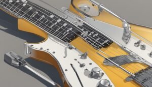 Two stylized electric guitars, yellow and white, with silver hardware