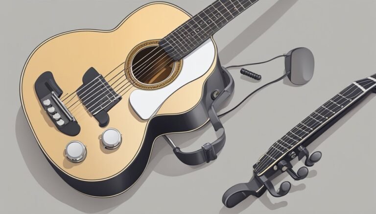 Acoustic guitar with strap and a headless electric guitar on a gray surface