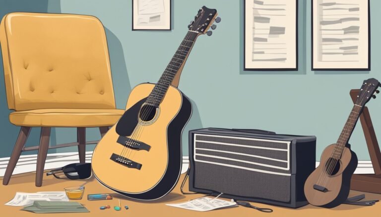 Acoustic guitars, amplifier, and a yellow chair in a music room