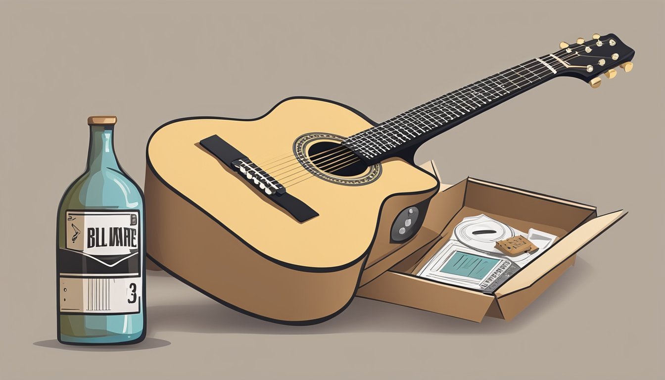 A guitar sits in a cardboard box on a scale, with a shipping label nearby