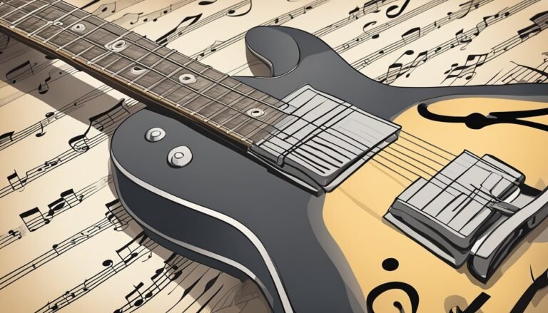 Electric guitar on sheet music background, close-up, stylized illustration
