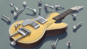Yellow electric guitar with scattered tuning pegs on a gray background