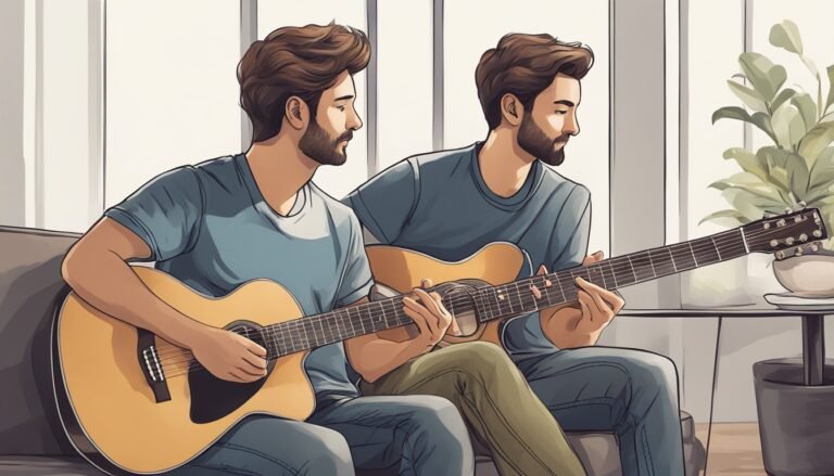 Two men playing acoustic guitars, sitting on a couch indoors