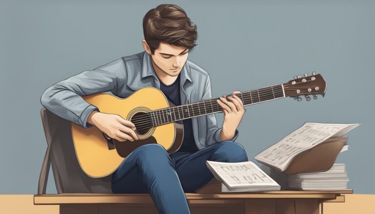 Young man playing acoustic guitar, sheet music on table nearby