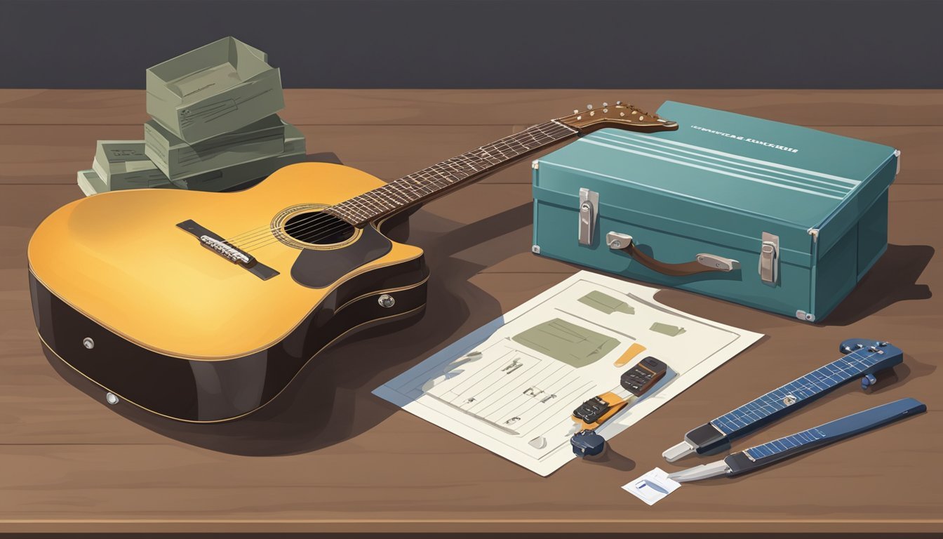 A guitar sitting on a scale next to a shipping box and a postage meter