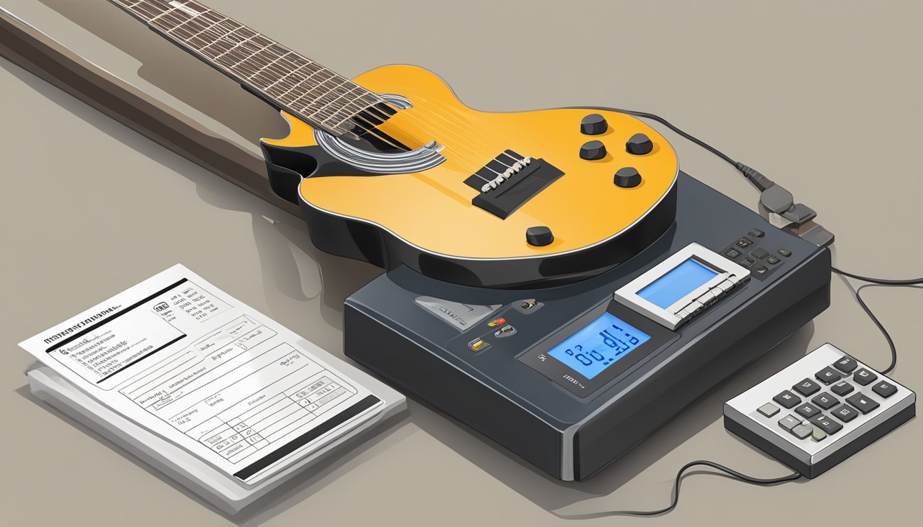 A guitar placed on a digital scale with a shipping label and a calculator nearby for determining the shipping costs