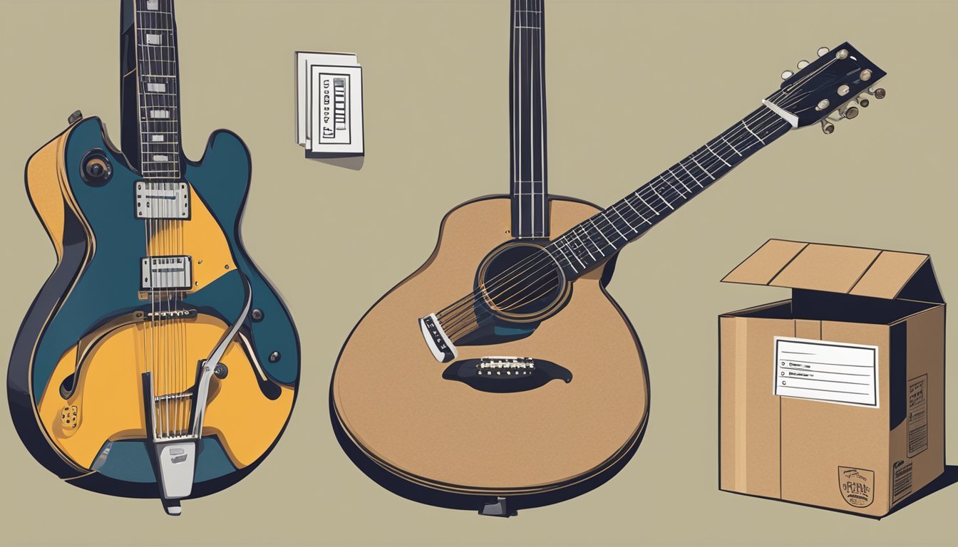 A guitar placed in a sturdy cardboard box, surrounded by packing materials and a shipping label attached to the box