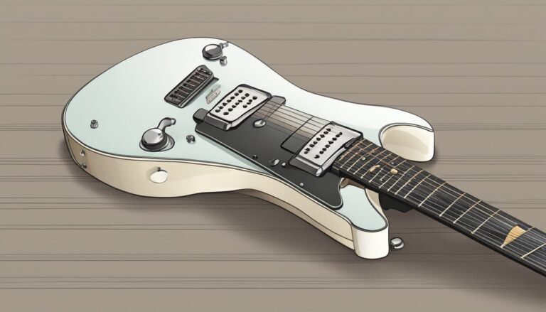 Illustration of a light blue and cream electric guitar on a wooden surface