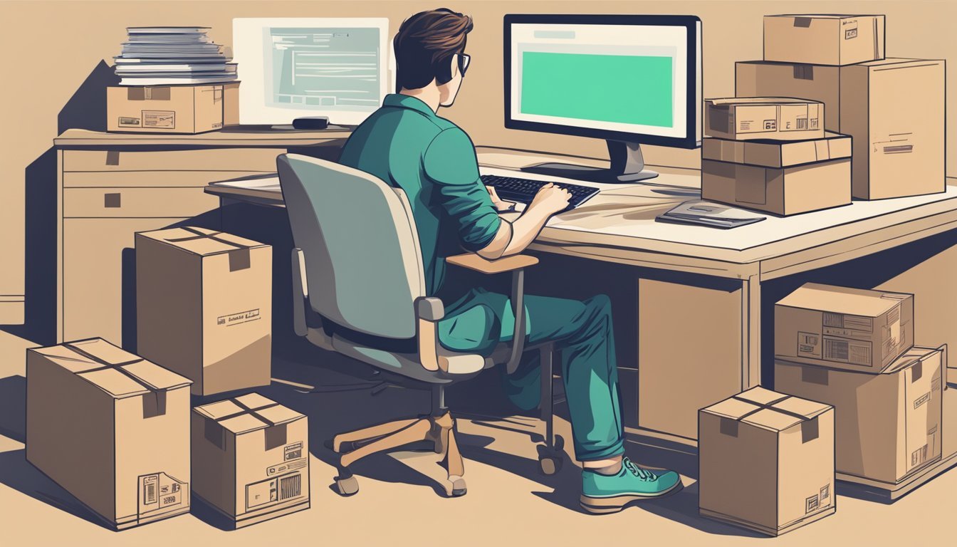 A person at a desk, using a computer to search for shipping rates for a guitar.</p><p>A stack of shipping boxes nearby