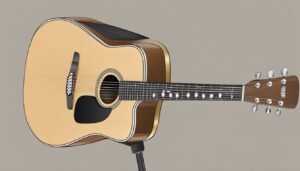 Acoustic guitar with light wood body, black pickguard, and silver tuning pegs
