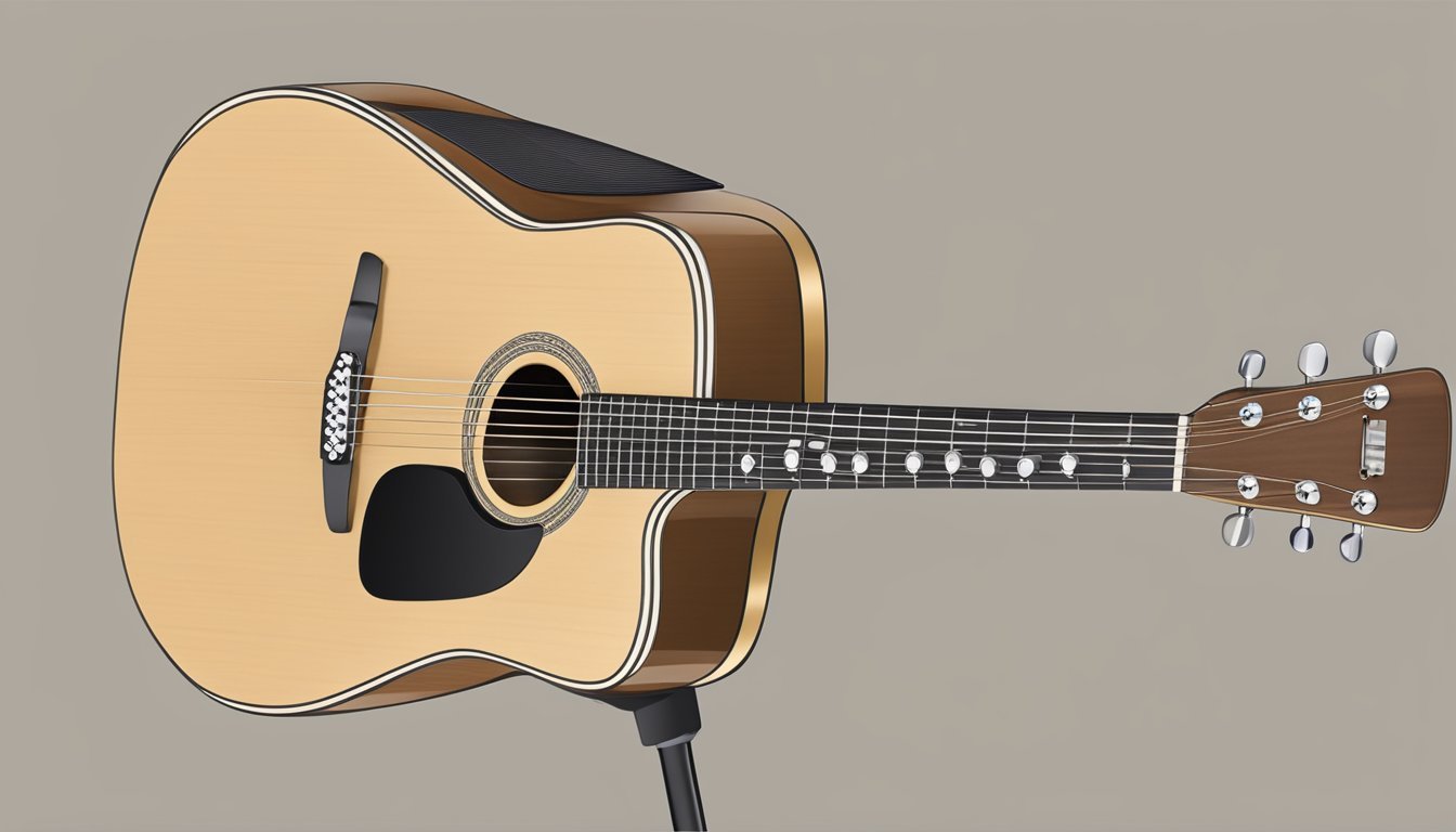 Acoustic guitar with light wood body, black pickguard, and silver tuning pegs