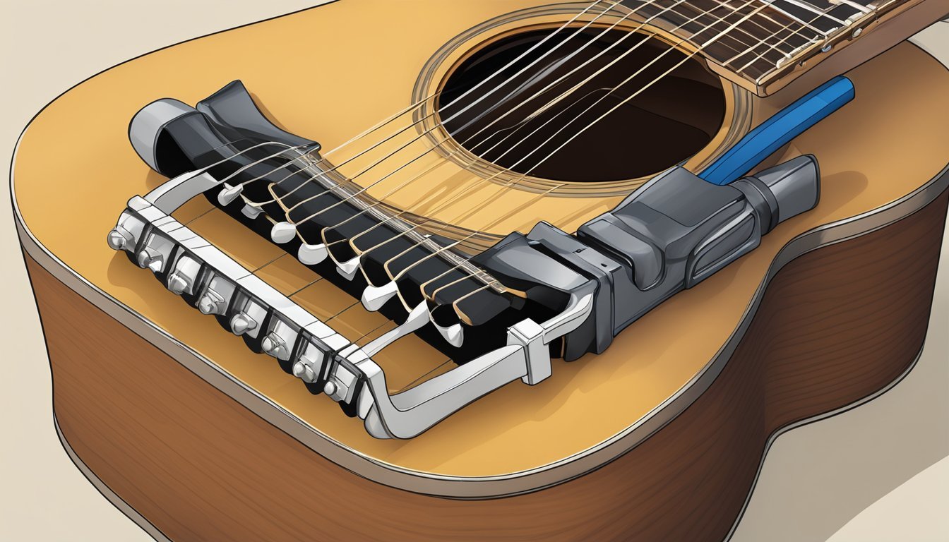 A guitar capo clamped onto the neck of an acoustic guitar, fretting the strings at a higher position