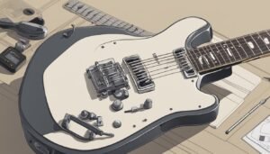 Electric guitar with accessories on a light brown surface
