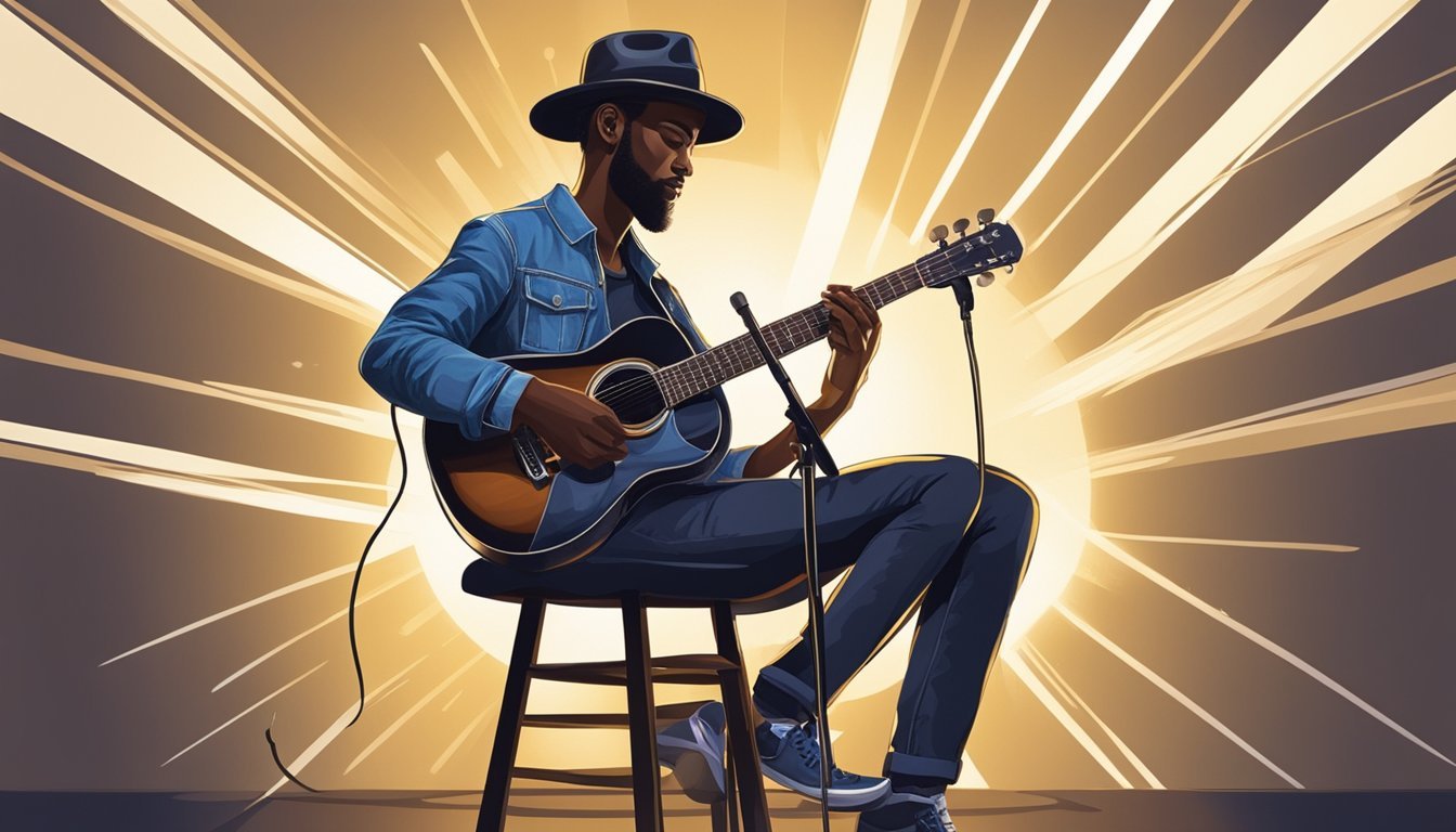 Illustration of a Black man playing acoustic guitar on a stool