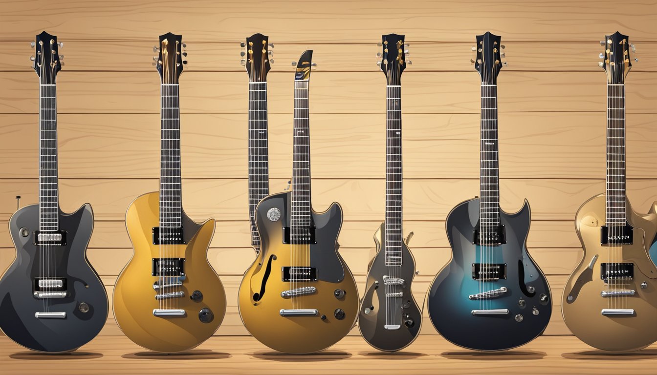Seven electric guitars of various colors against a wood background