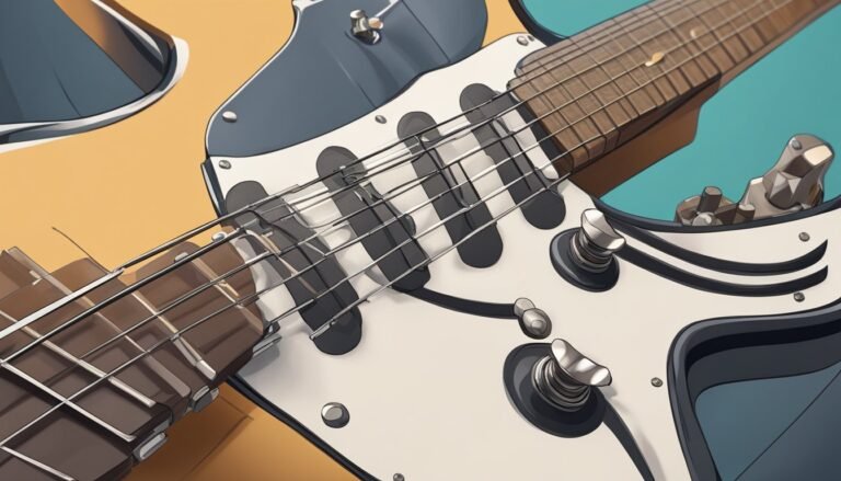 Close-up of a stylized electric guitar with strings and knobs