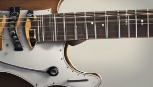 Close-up of a bass guitar with a wooden body and silver pickguard