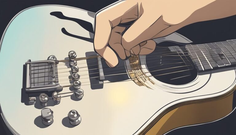 Hand strumming a white electric guitar with a brown body