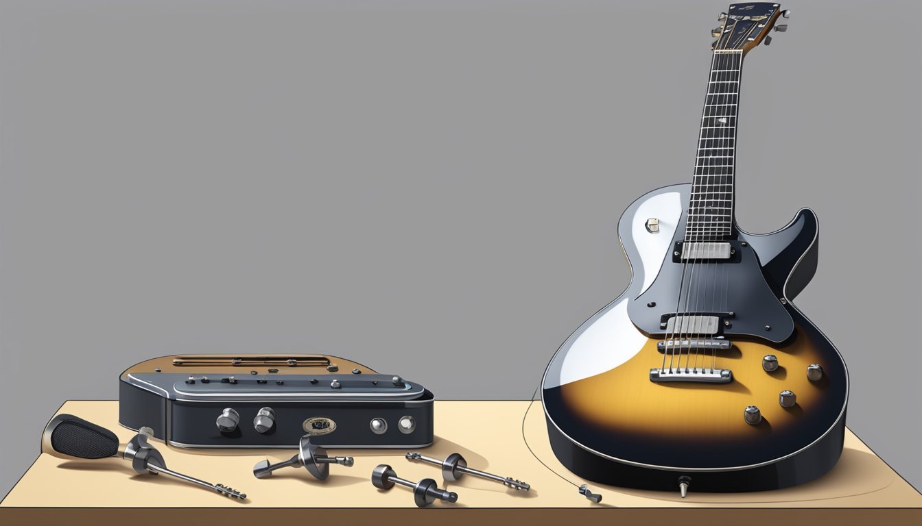 A guitar resting on a flat surface, with a tuner placed next to it and the tuning pegs visible