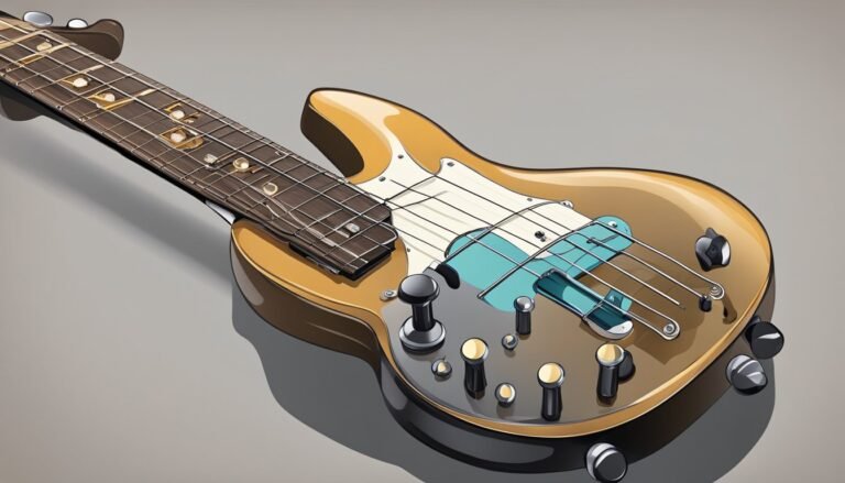 Illustration of a gold and black bass guitar with a blue pickup