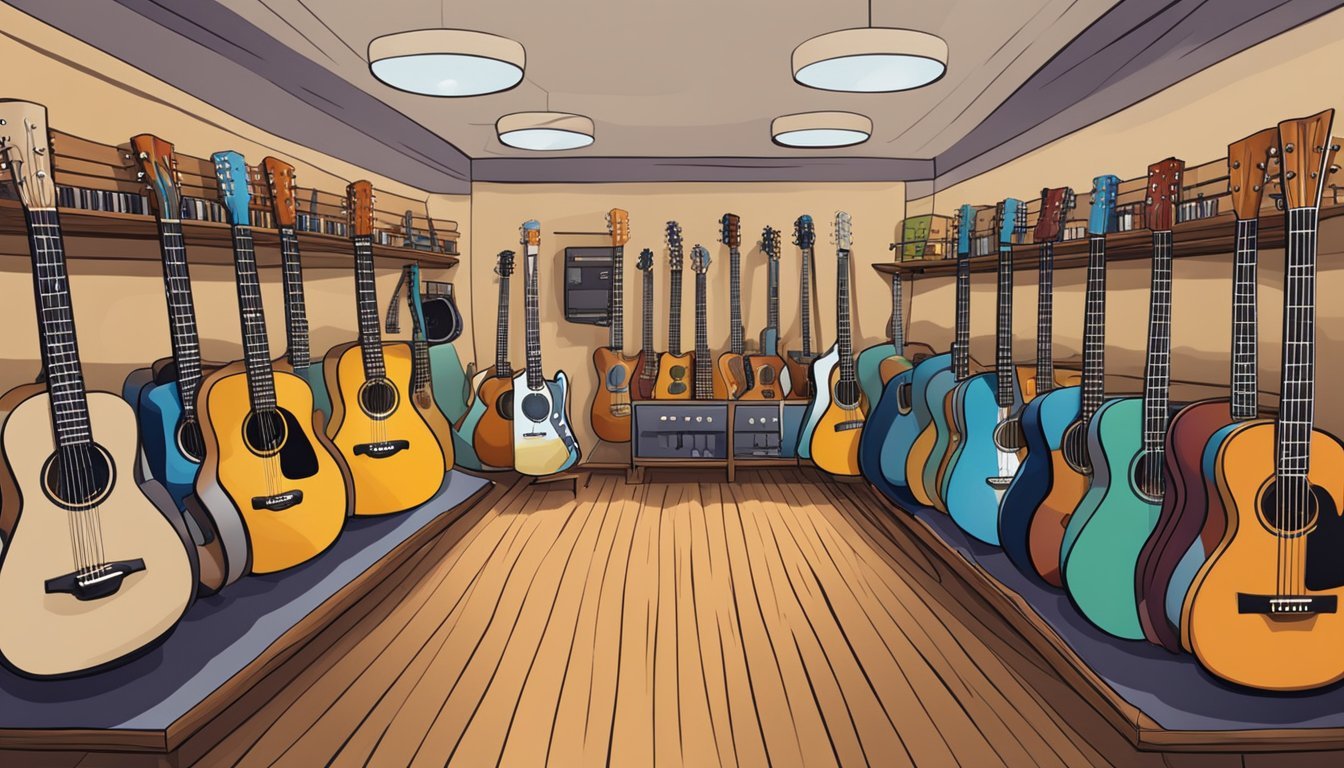 A cozy music shop with rows of guitars in various colors and sizes, displayed on wooden racks and hanging from the walls.</p><p>A sign outside reads "Guitars for Sale."