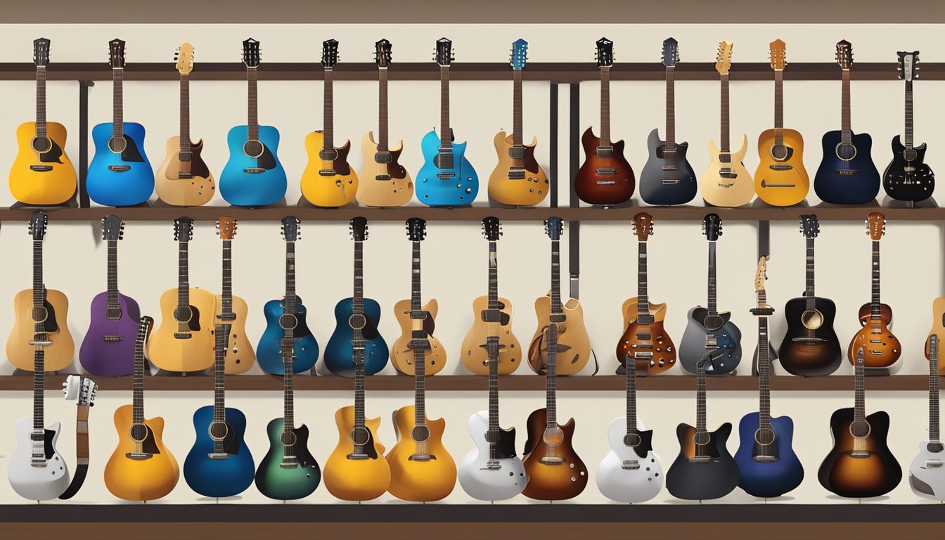 A guitar shop display featuring essential accessories like picks, straps, and tuners, with various guitars in the background